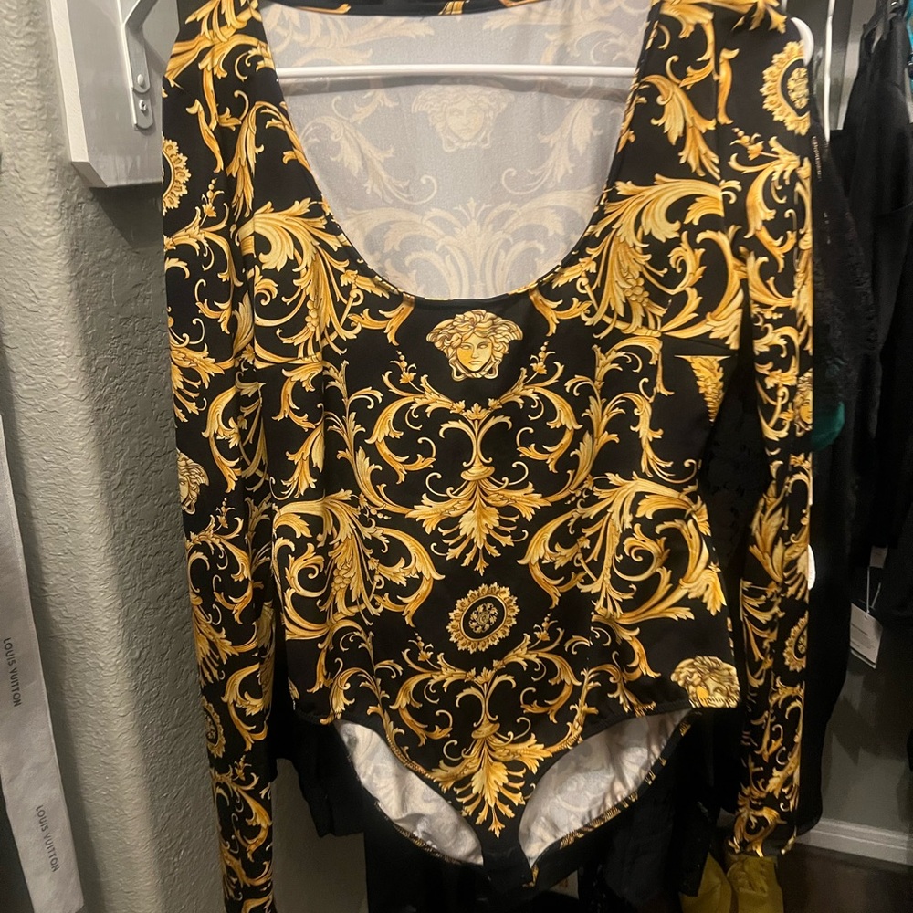 Authentic Versace Black & Gold Baroque Long-Sleeve Bodysuit
